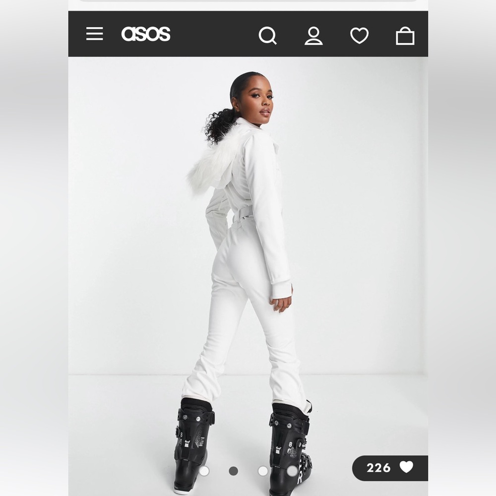 ASOS 1 piece white ski suit with faux fur hood
